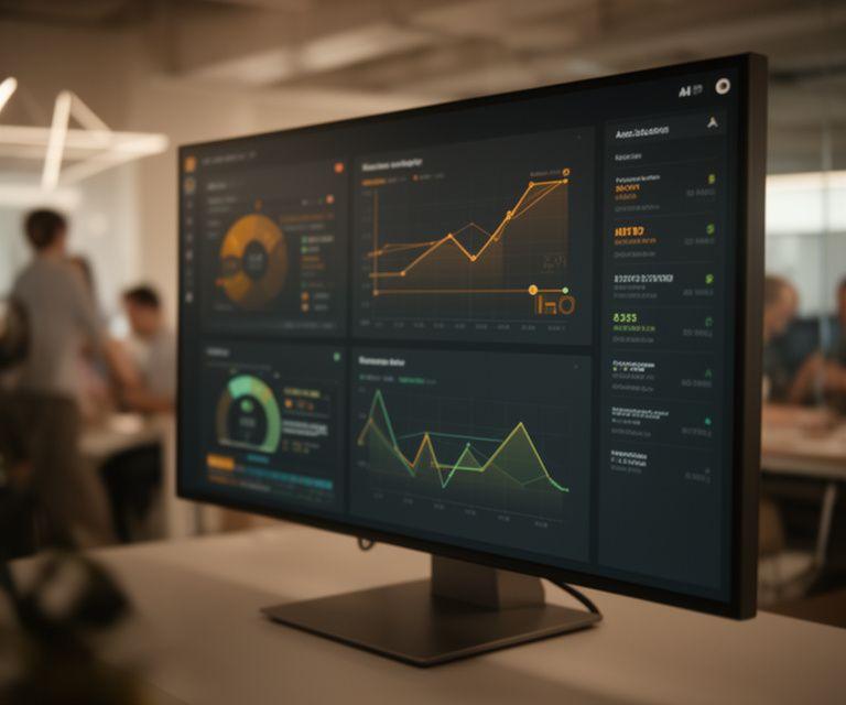 AI dashboard on a large monitor in a modern office showing charts, alerts and forecasting panels