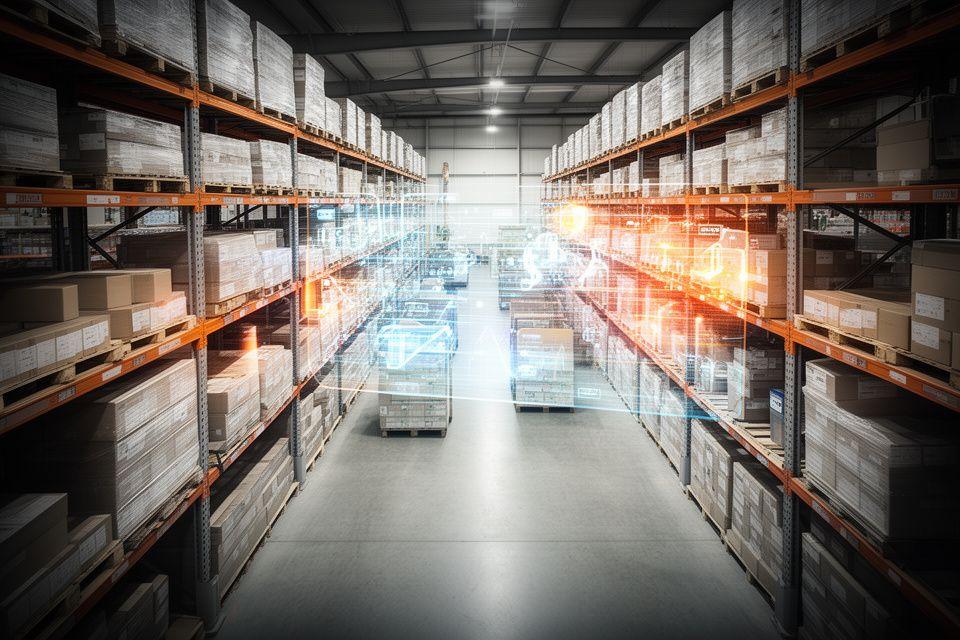 Warehouse control screen showing automated stock alerts beside neatly stacked inventory aisles